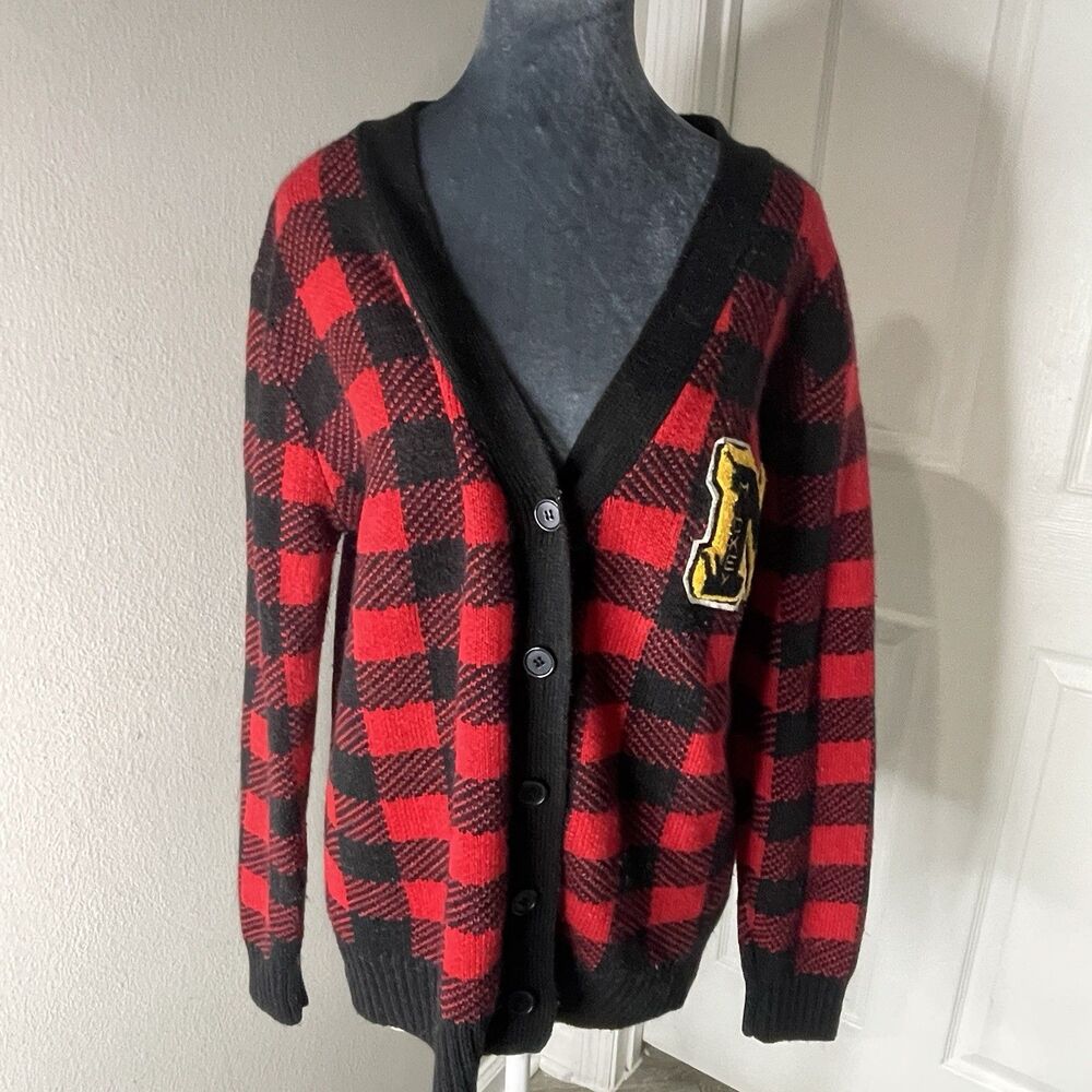 Mickey Mouse Cardigan Sweater Womens Medium Buffalo Plaid Disney Forever 21 Red - Picture 3 of 5